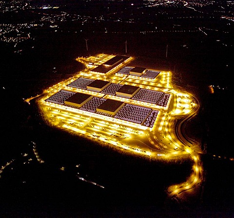 Aerial shot, night scene, IKEA's European logistics center, Dortmund, North Rhine-Westphalia, Germany, Europe