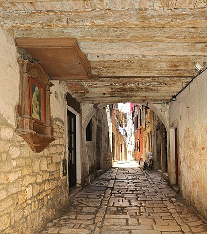 Alley in the historic town centre of Rovinj, Croatia, Europe