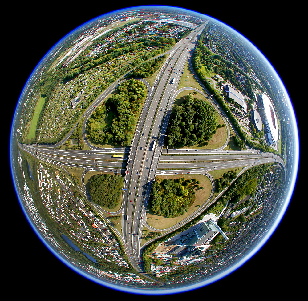 Aerial photo, Leverkusener Kreuz intersection, intersection A1 A3 motorways, fisheye, Leverkusen, North Rhine-Westphalia, Germany, Europe