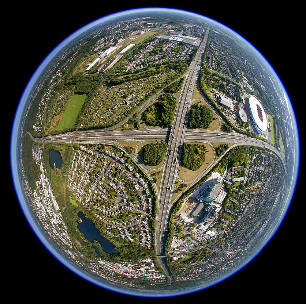 Aerial photo, Leverkusener Kreuz intersection, intersection A1 A3 motorways, fisheye, Leverkusen, North Rhine-Westphalia, Germany, Europe