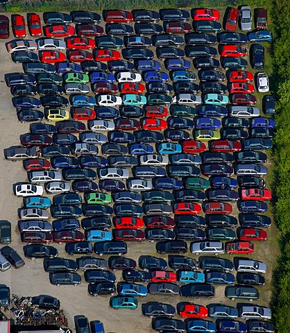 Aerial photo, scrapyard, used cars, scrapping, Froendenberg, Ruhrgebiet area, North Rhine-Westphalia, Germany, Europe