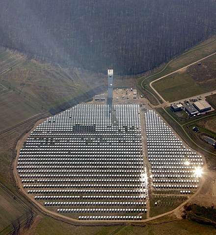 Aerial photo, solar power plant with power tower, Juelich, Rhineland, North Rhine-Westphalia, Germany, Europe