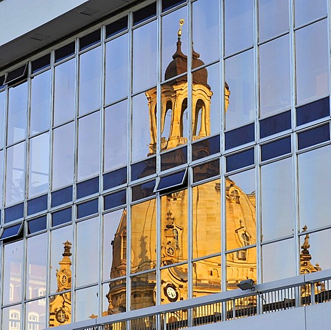 Frauenkirche Church of Our Lady, reflected in the Kulturpalast Culture and Convention Centre, Dresden, Saxony, Germany, Europe