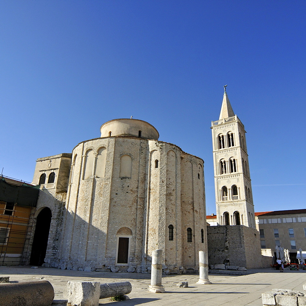 Ninth-century pre-Romanesque Church of St. Donatus, Crkva Svetog Donata, with Campanile, bell tower, of St. Anastasia's Cathedral in Zadar, Croatia, Europe