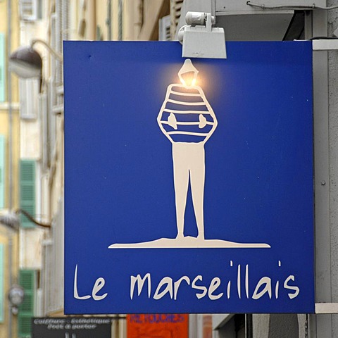 Restaurant sign, Le Marseillais, Marseille, Bouches-du-Rhone, Provence-Alpes-Cote d'Azur, France, Europe