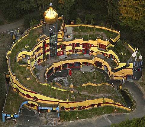 Aerial picture, Grugapark, Friedrich-Hundertwasser-House, sponsored by McDonald's, Essen, Ruhr area, North Rhine-Westphalia, Germany, Europe