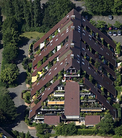 Aerial photograph, pyramidal building, terraced building, Drewer settlement, Marl, Ruhr district, North Rhine-Westphalia, Germany, Europe