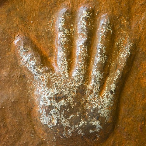 Sati stone, hand imprints of the 15 royal widows of Maharaja Man Singh who committed self-immolation, Mehrangarh Fort, Jodhpur, Rajasthan, India, South Asia