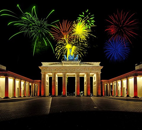 Fireworks above Brandenburg Gate, Berlin, Germany, Europe