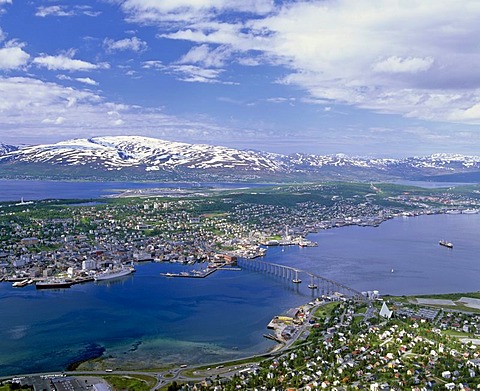 Tromso, aerial view, Tromso Bridge, mountains, Troms province, Norway