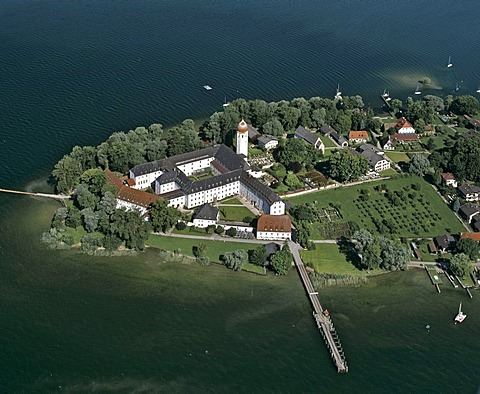 Aerial picture, Frauenchiemsee Island, Frauenwoerth Monastery, Lake Chiemsee, Upper Bavaria, Germany, Europe