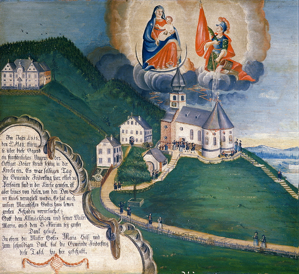 Votive image of 1818 from the Friedolfing Parish which was surprised by a thunderstorm in Maria Eck, Maria Geburt Pilgrimage Church, Maria Eck near Siegsdorf village, Chiemgau, Upper Bavaria, Germany, Europe