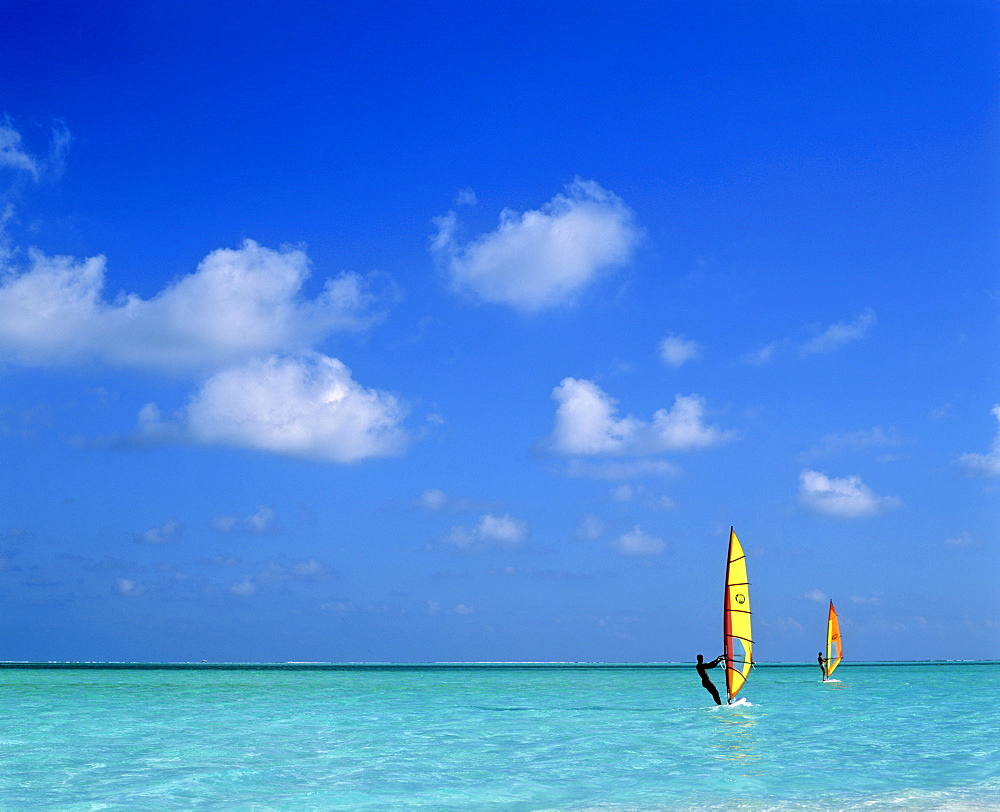 Windsurfers in a lagoon, Maldives, Indian Ocean