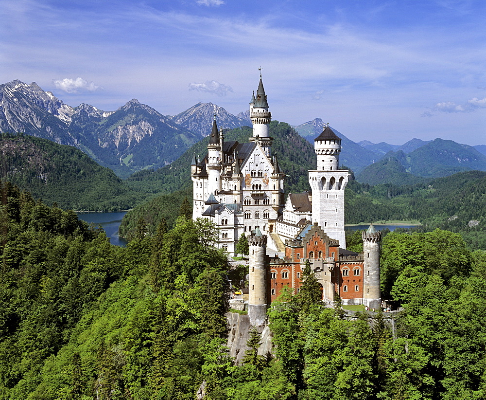 Neuschwanstein Castle in summer, Panorama, Alp lake, Fuessen, Thannheimer Mountains, Allgaeu, Bavaria, Germany