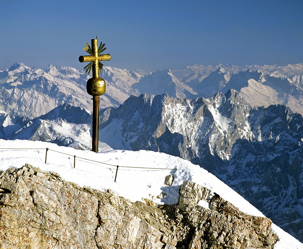 Summit cross at 2962 m or 9718 ft on the Zugspitze, Germany's highest mountain, Wetterstein Range, Werdenfels Region, Upper Bavaria, Bavaria, Germany, Europe