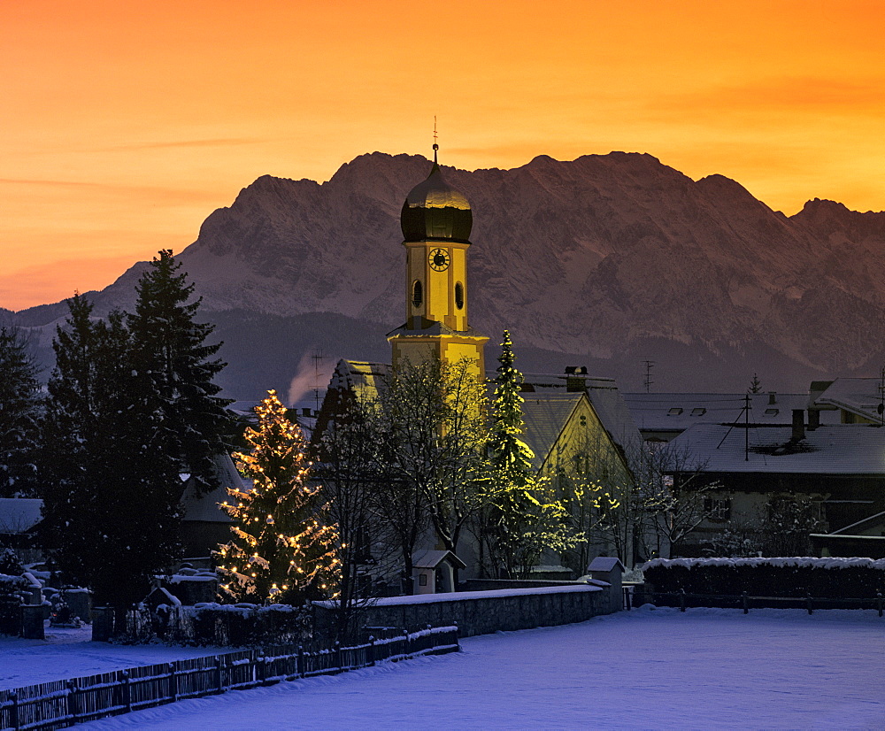 Church and Christmas tree, Wetterstein Range, Upper Bavaria, Bavaria, Germany, Europe