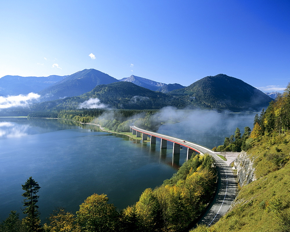 Sylvenstein bridge, Sylvenstein reservoir, autumn, Isar, Upper Bavaria, Germany