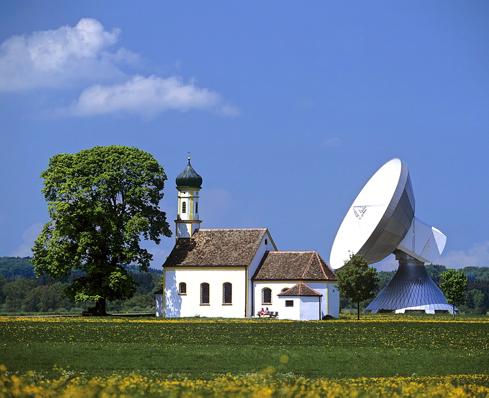 Antenna of the Satellite Earth Station Raisting, St Johann Chapel, Upper Bavaria, Bavaria, Germany