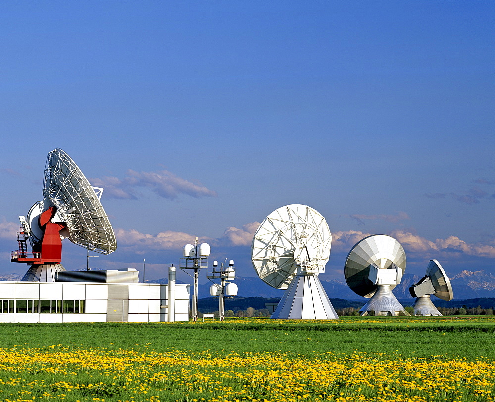 Inmarsat antennas of the Satellite Earth Station Raisting, Upper Bavaria, Bavaria, Germany