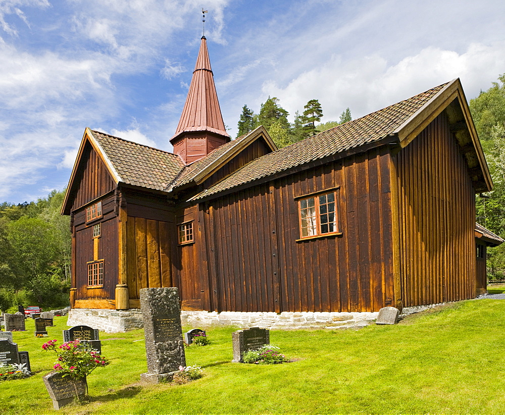 Thirteenth-century stave church in Rollag, Numedal, Norway, Scandinavia, Europe