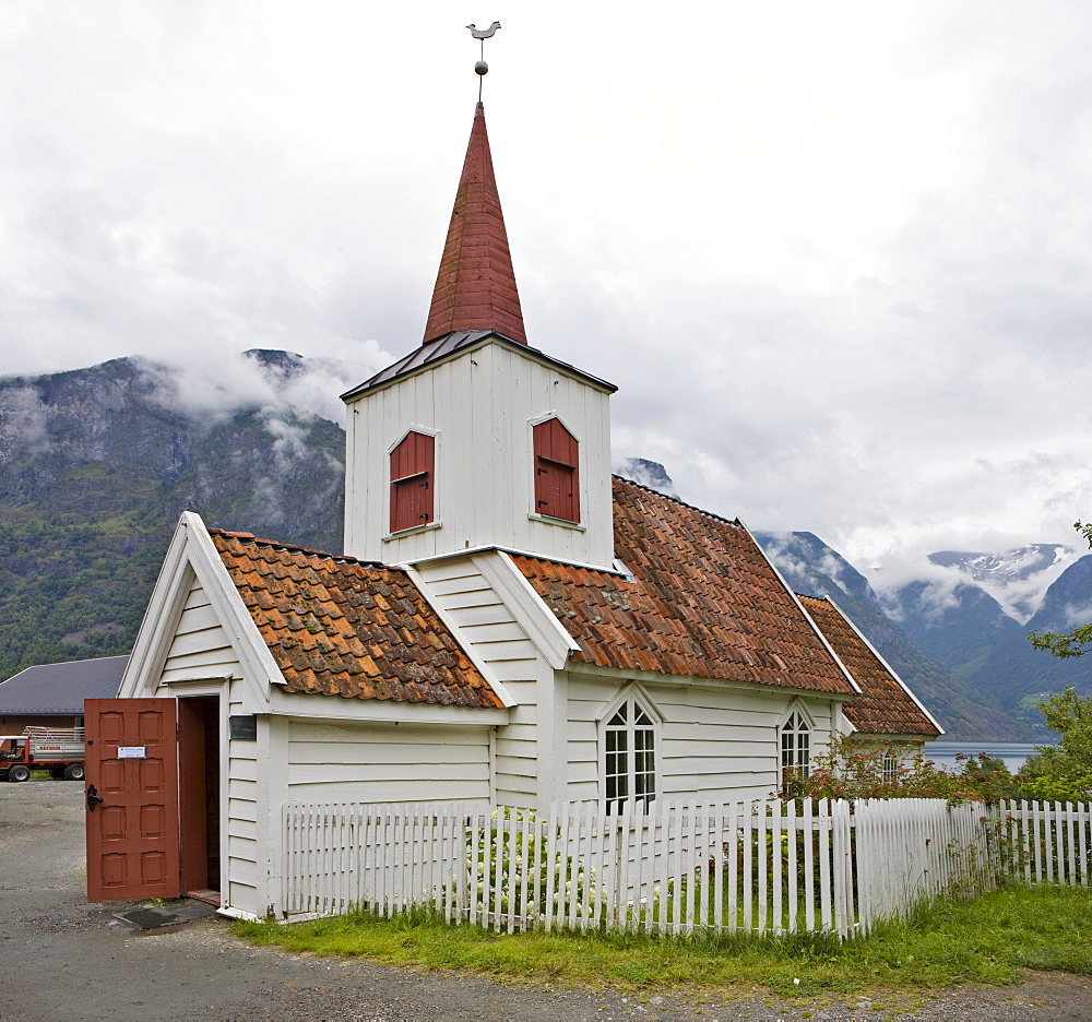 Norway's smallest stave church in Undredal at Aurlandsfjord, Norway, Scandinavia, Europe