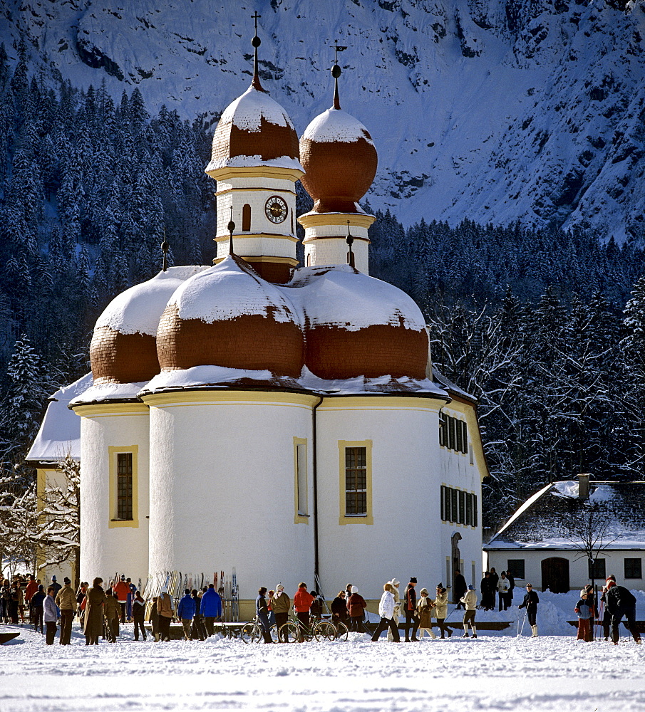 St. Bartholomae (St. Bartholomew's), pilgrimage church, peninsula of Hirschau, Koenigssee (King's Lake), Berchtesgaden, Upper Bavaria, Germany