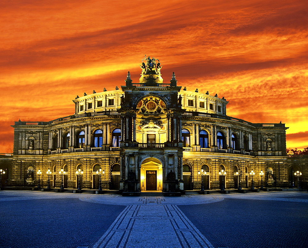 Semperoper, Saxon State Opera at sunset, Dresden, Saxony, Germany, Europe