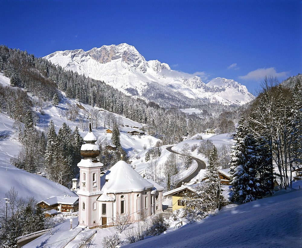 Maria Gern pilgrimage church in wintertime, Berchtesgadener Land region, Upper Bavaria, Bavaria, Germany, Europe