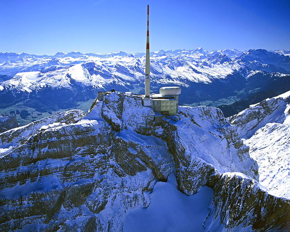 Aerial shot, Saentis, radio tower, Appenzeller Alps, Appenzell, Switzerland, Europe