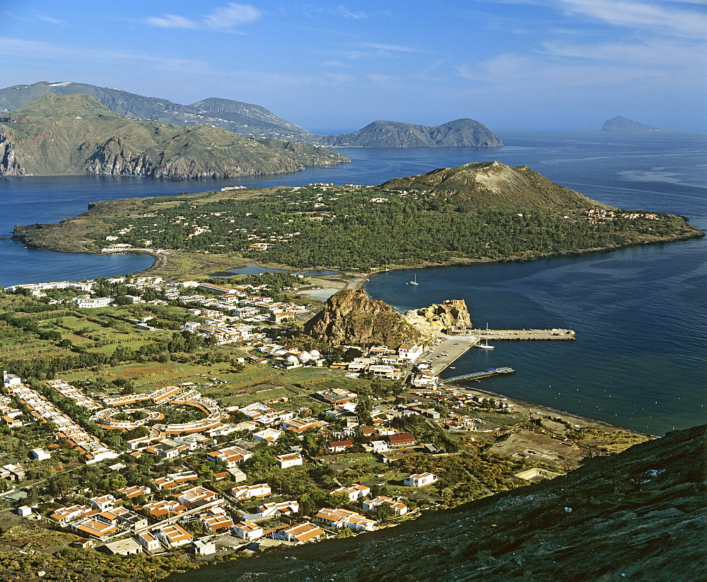 Volcano, Porto di Levante, view of Vulcanello, aerial view, Lipari Island (back), Aeolian Islands, Sicily, Italy