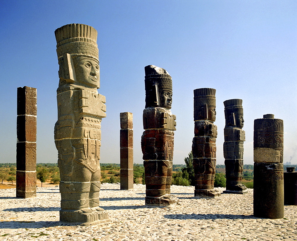 Stone figures, Toltec warriors in Tula, Aztec archaeological site, Tula, Mexico, Central America