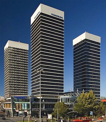 Towers of Mundsburg Center in Hamburg rise into the blue sky, Germany