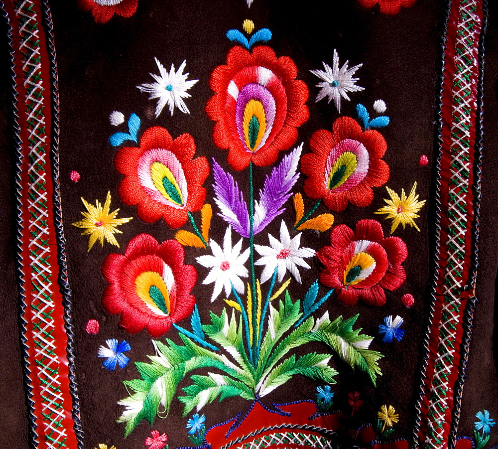 Traditional, handcrafted textile bearing an edelweiss design at a museum in Zdiar, High Tatra Mountains, Slovakia, Europe