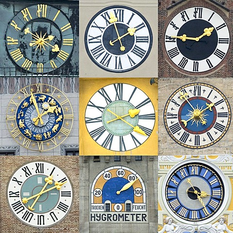 Different clocks from Munich Bavaria Germany - from top left to bottom right: 1.Apothekerhof Residenz 2.Heilig Geist Kirche 3.Frauenkirche 4.Altes Rathaus 5.Kirche St.Cajetan 6.Neues Rathaus 7.Kreuzkirche 8.Deutsches Museum 9.Muellersches Volksbad