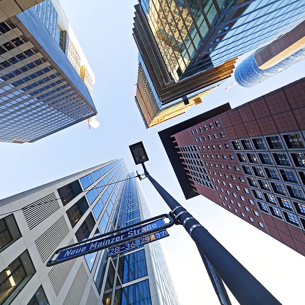 Frog's eye view of skyscrapers in the banking district, Neue Mainzer Strasse, Frankfurt am Main, Hesse, Germany, Europe