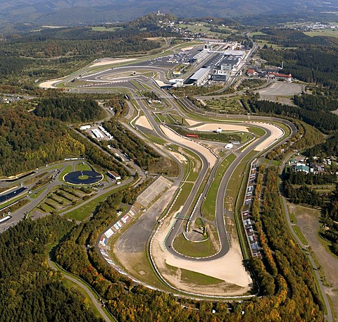 Aerial view, Nuerburgring race track, Muellenbach, Eifel mountain range, Rhineland-Palatinate, Germany, Europe
