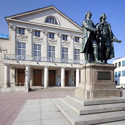 Deutsches Nationaltheater, German national theatre, with Goethe-Schiller monument, Weimar, Thuringia, Germany, Europe, PublicGround