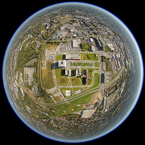 Aerial view, fisheye shot, ThyssenKrupp headquarters, Essen, Ruhr Area, North Rhine-Westphalia, Germany, Europe