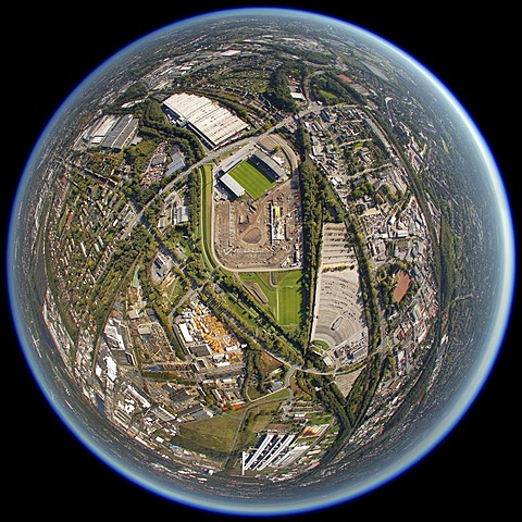 Aerial view, fisheye shot, Georg-Melches-Stadion, stadium, building site, new development, Essen, Ruhr Area, North Rhine-Westphalia, Germany, Europe