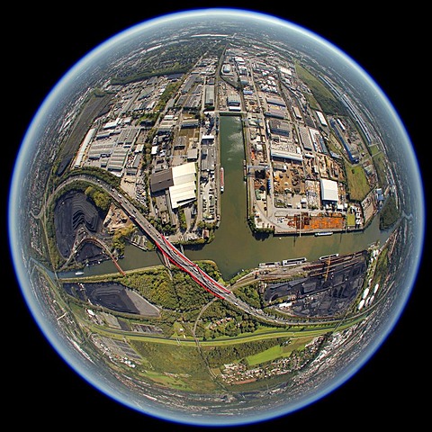 Aerial view, fisheye shot, Stadthafen, city port of Essen, Rhine?Herne Canal, Essen, Ruhr Area, North Rhine-Westphalia, Germany, Europe