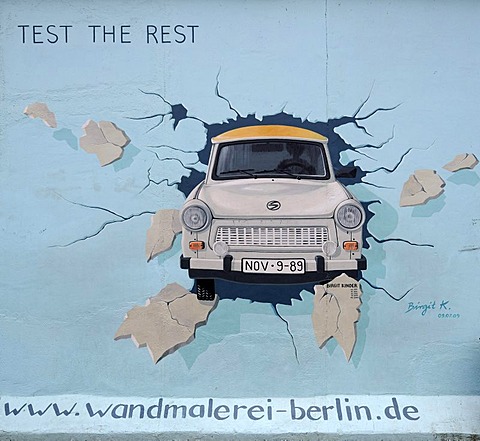 Test the Rest, Trabant breaking through the Berlin Wall, by Birgit Kinder, painting on the Berlin Wall, East Side Gallery, Berlin, Germany, Europe