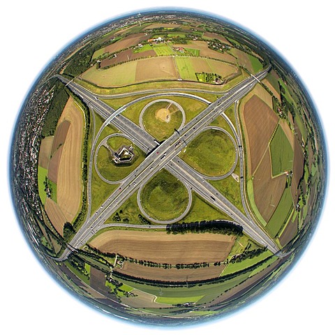 Aerial view, fisheye shot, ADAC monument to honour the Yellow Angels, artist Alex Gockel, at the Kamener Kreuz, cross junction of the A1 and A2 motorways, Kamen, Ruhr Area, North Rhine-Westphalia, Germany, Europe