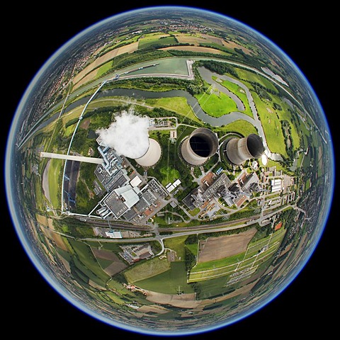 Aerial view, shot with a fisheye lens, Hamm coal power station, Gersteinwerk RWE-POWER Hamm power station, Werne-Stockum district, Hamm, Ruhr area, North Rhine-Westphalia, Germany, Europe