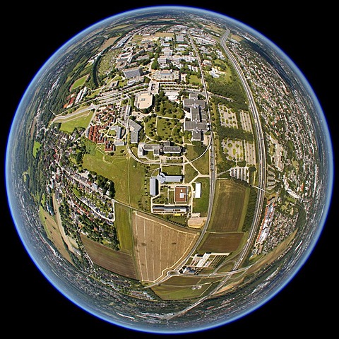 Aerial view, fisheye shot, university, college, Dortmund, Ruhr Area, North Rhine-Westphalia, Germany, Europe