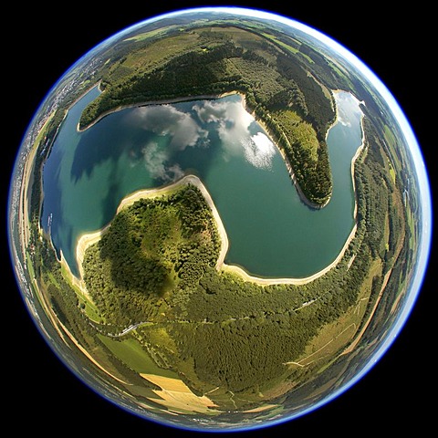 Aerial view, shot with a fisheye lens, Hennesee reservoir, Meschede, Ruhr area, North Rhine-Westphalia, Germany, Europe