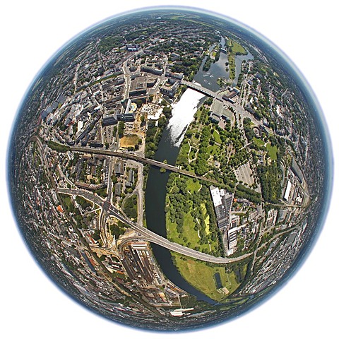 Aerial view, shot with a fisheye lens, rebuilding in the city centre, Ruhrbania project, Muelheim an der Ruhr, Ruhr area, North Rhine-Westphalia, Germany, Europe