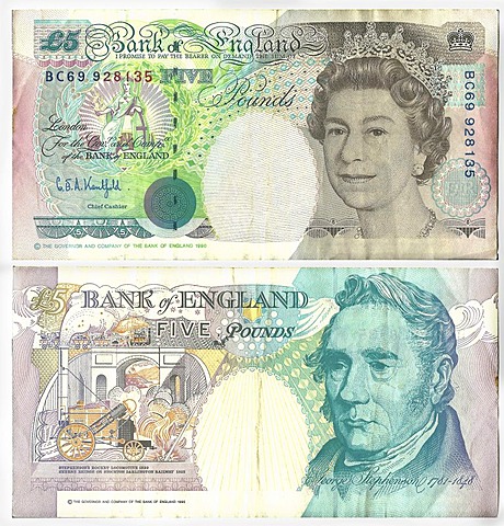 Old banknote, front and rear, 5 British Pound, Bank of England, circa 1990