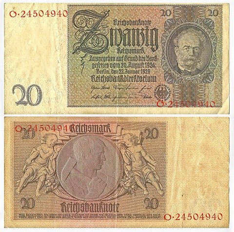 Old banknote, front and rear, Reichsbanknote, 20 reichsmark, Reichsbankdirektorium, circa 1929