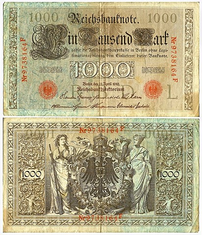 Old banknote, front and rear, Reichsbanknote, 1000 reichsmark, Reichsbankdirektorium, circa 1910