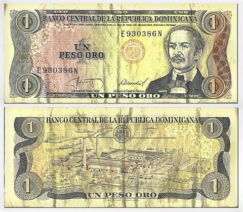 Old banknote, front and rear, 1 peso oro, Dominican Republic, Banco Central Republica Dominicana, around 1987